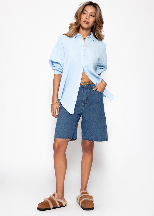Musselin Bluse oversize, kurz - hellblau