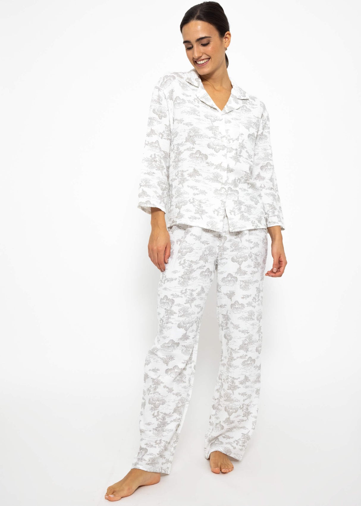 Musselin Pyjamabluse mit Print - weiß-taupe