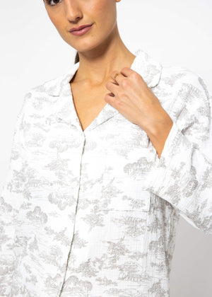 Musselin Pyjamabluse mit Print - weiß-taupe