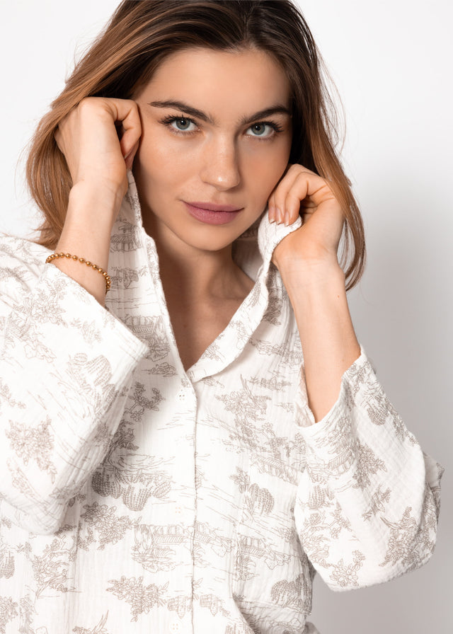 Musselin Pyjamabluse mit Print - weiß-taupe