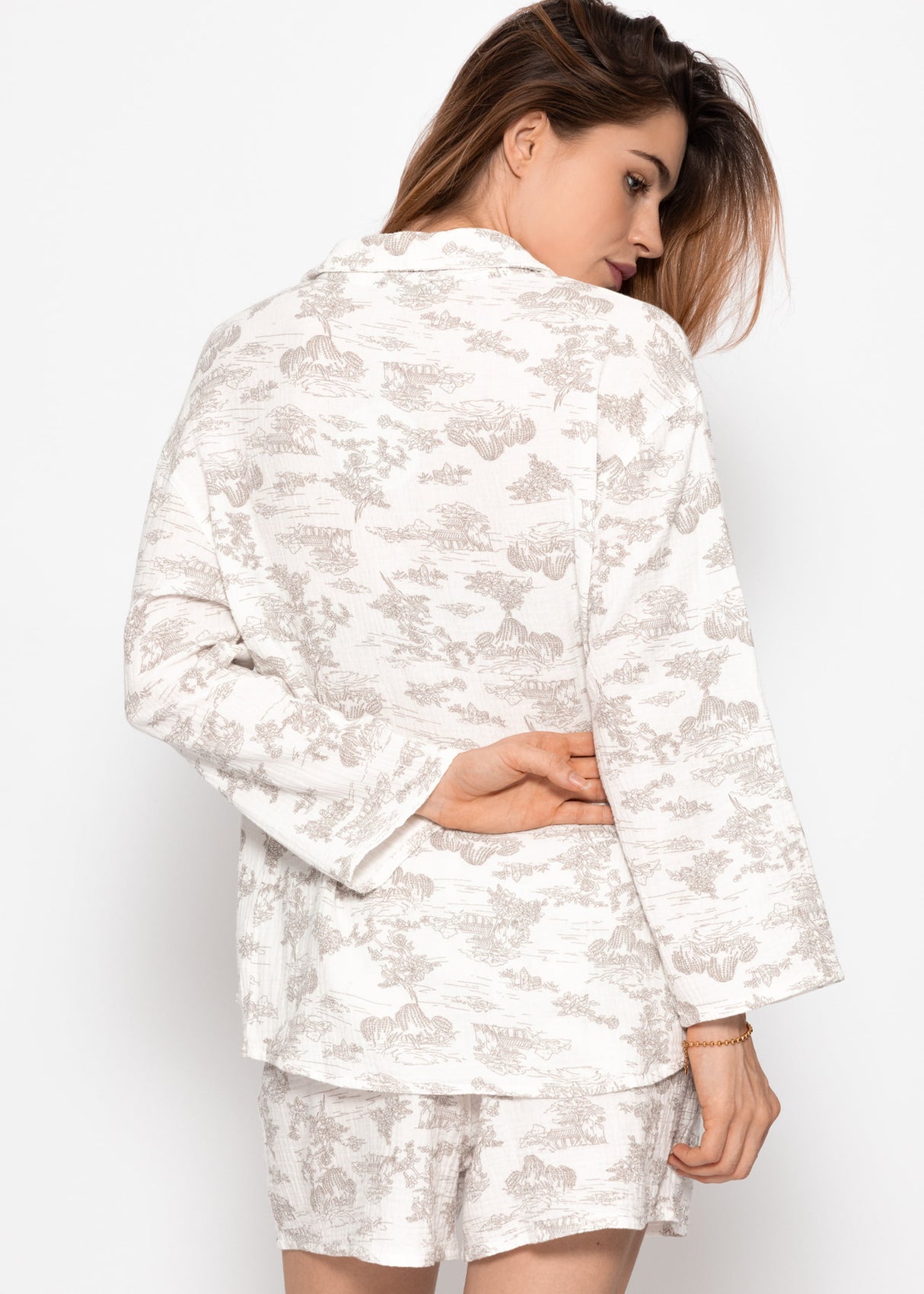 Muslin pajama blouse with print - white-taupe