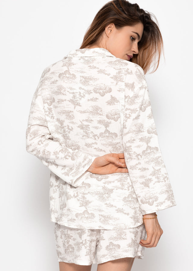 Musselin Pyjamabluse mit Print - weiß-taupe