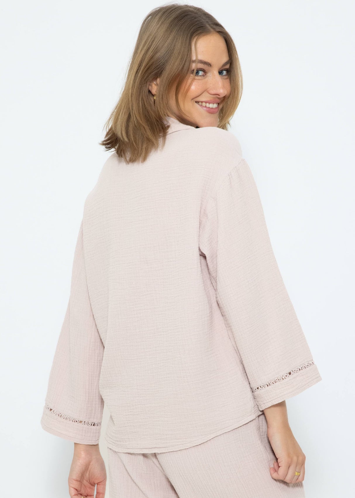 Musselin Pyjamabluse mit Spitzenborte - altrosa