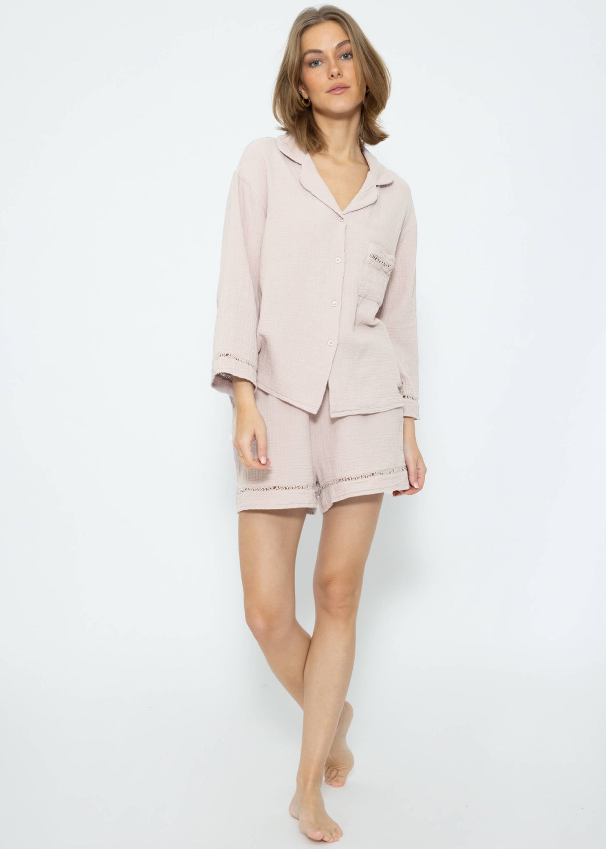 Musselin Pyjamabluse mit Spitzenborte - altrosa