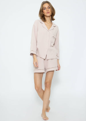 Musselin Pyjamabluse mit Spitzenborte - altrosa
