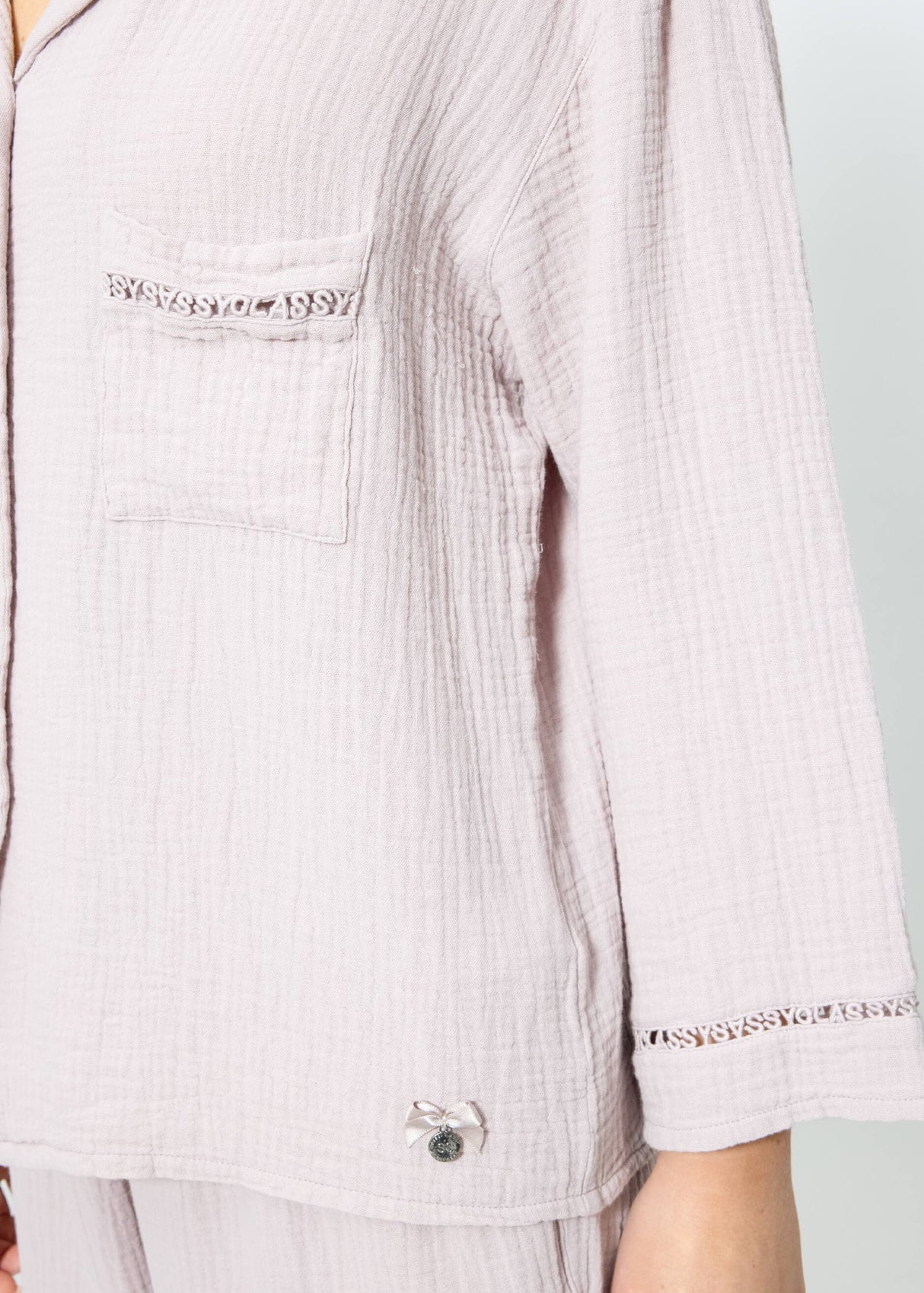 Musselin Pyjamabluse mit Spitzenborte - altrosa