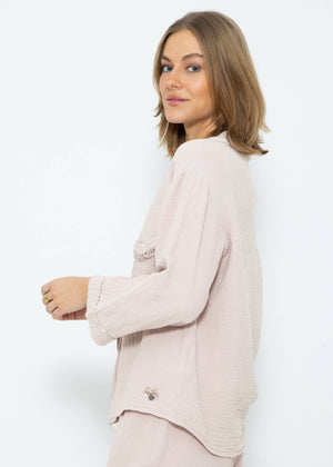 Musselin Pyjamabluse mit Spitzenborte - altrosa