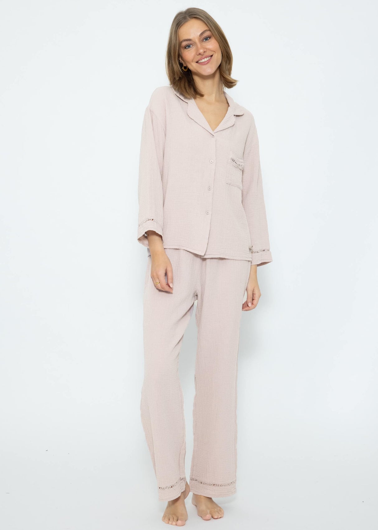 Musselin Pyjamabluse mit Spitzenborte - altrosa