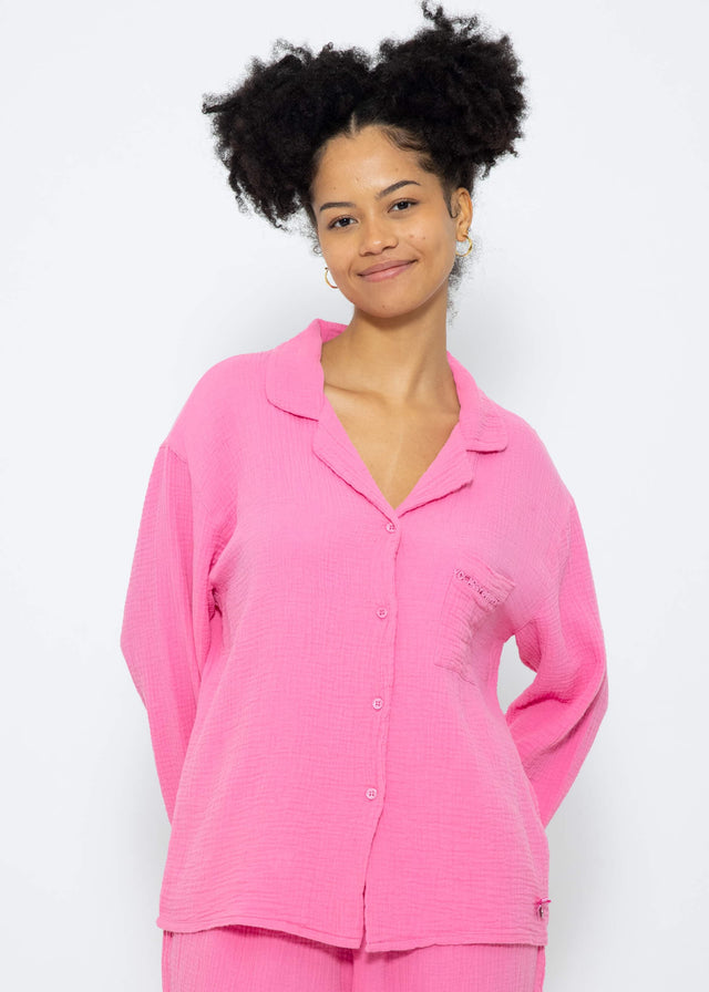 Musselin Pyjamabluse mit Spitzenborte - pink