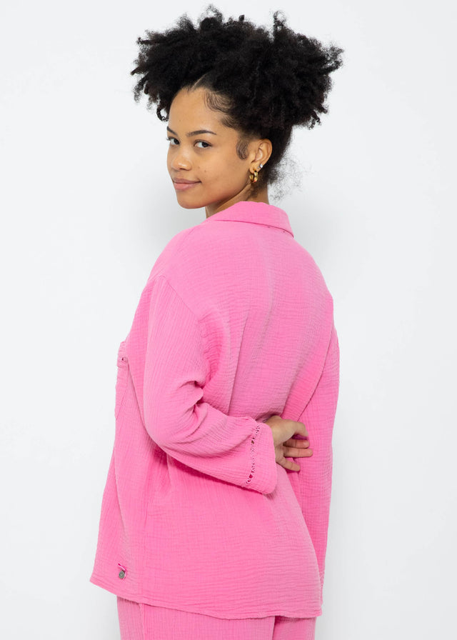 Musselin Pyjamabluse mit Spitzenborte - pink