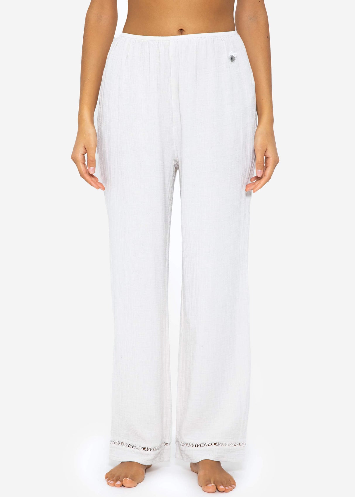 Muslin pajama pants with lace trim - light beige