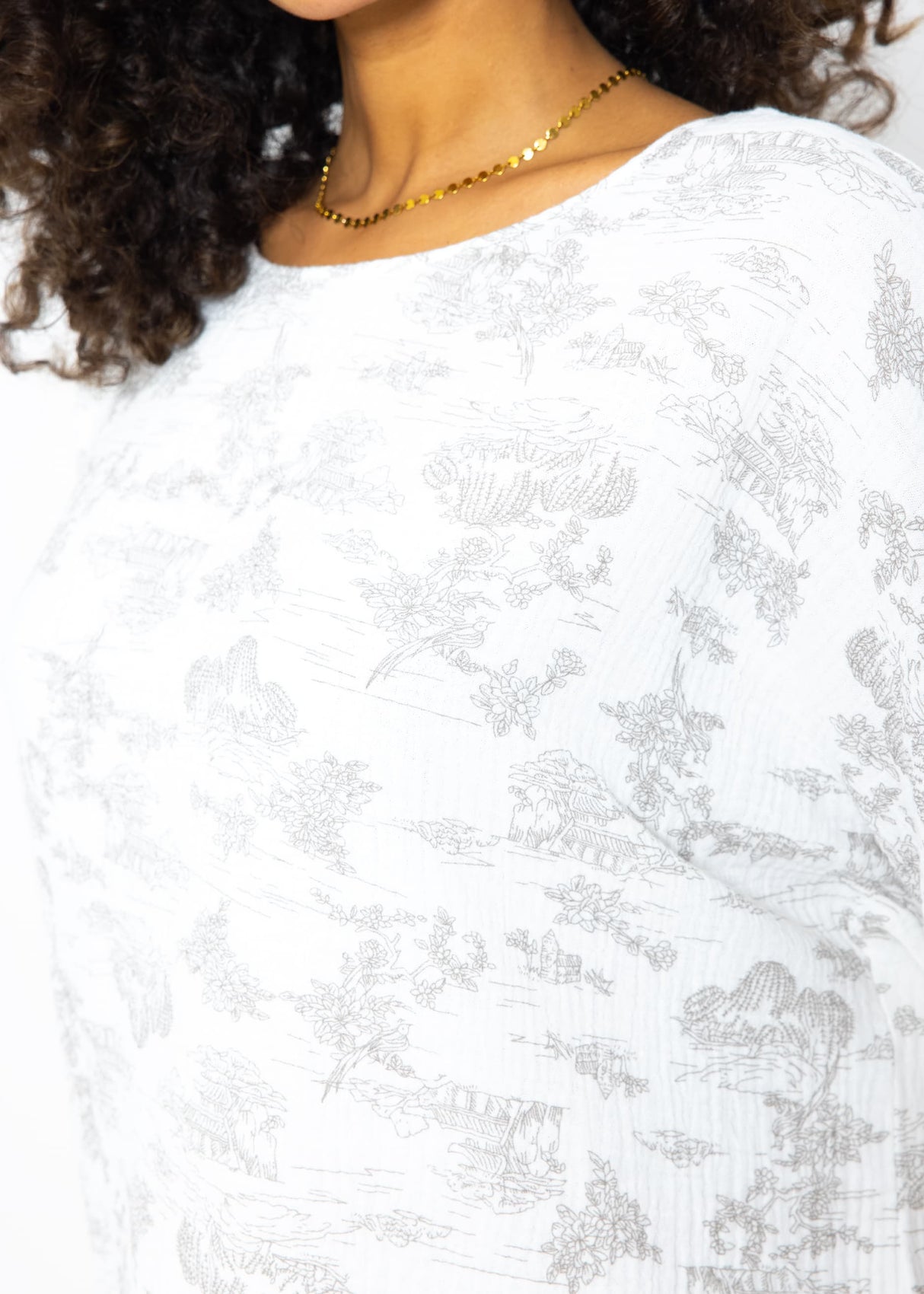 Musselin Pyjamashirt mit Print - weiß-taupe