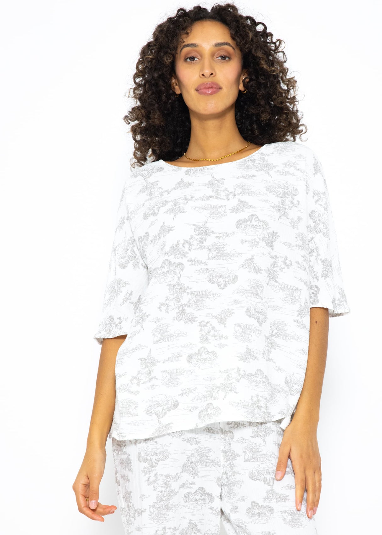 Musselin Pyjamashirt mit Print - weiß-taupe