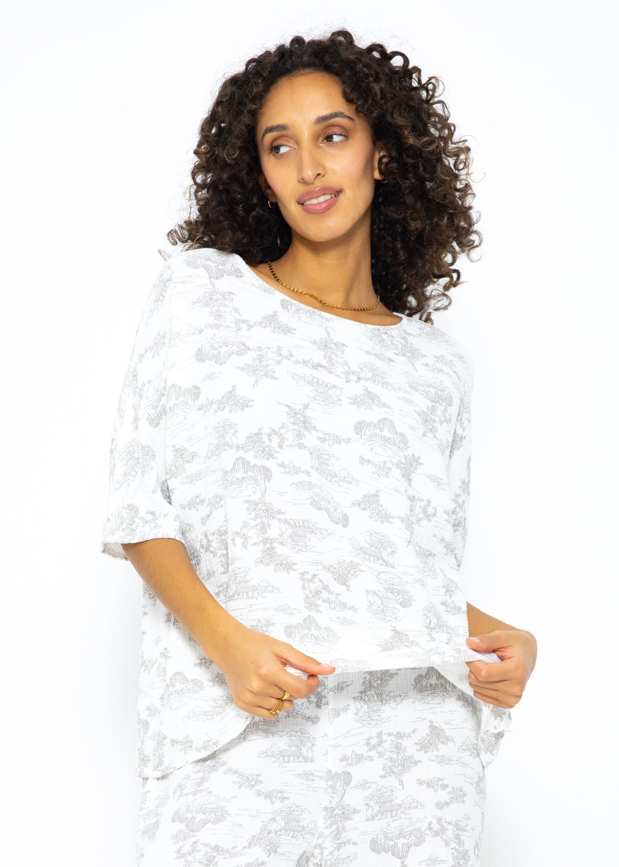 Musselin Pyjamashirt mit Print - weiß-taupe