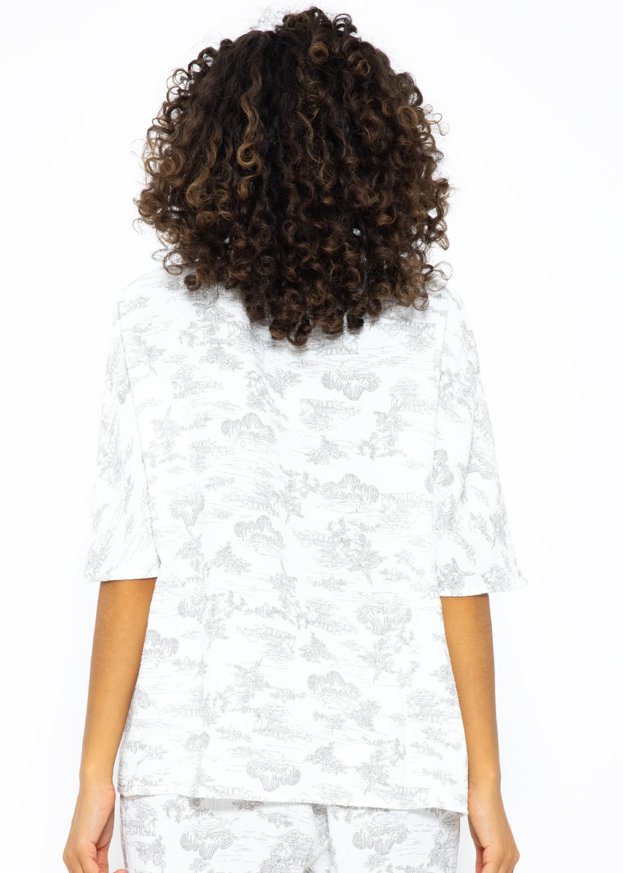 Musselin Pyjamashirt mit Print - weiß-taupe