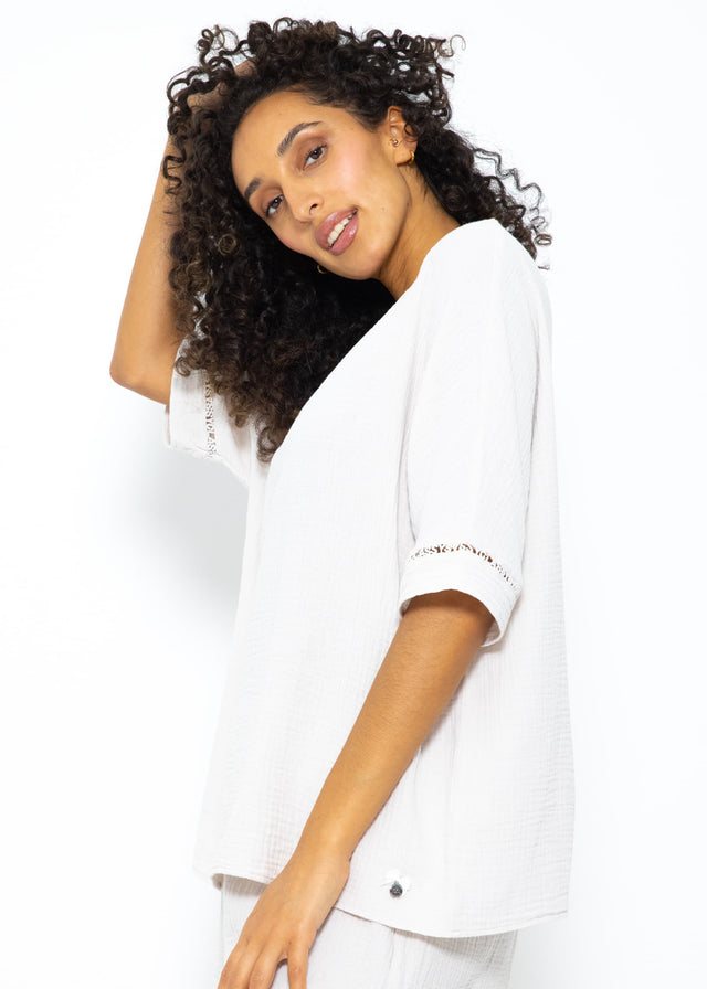 Musselin Pyjamashirt mit Spitzenborte - hellbeige