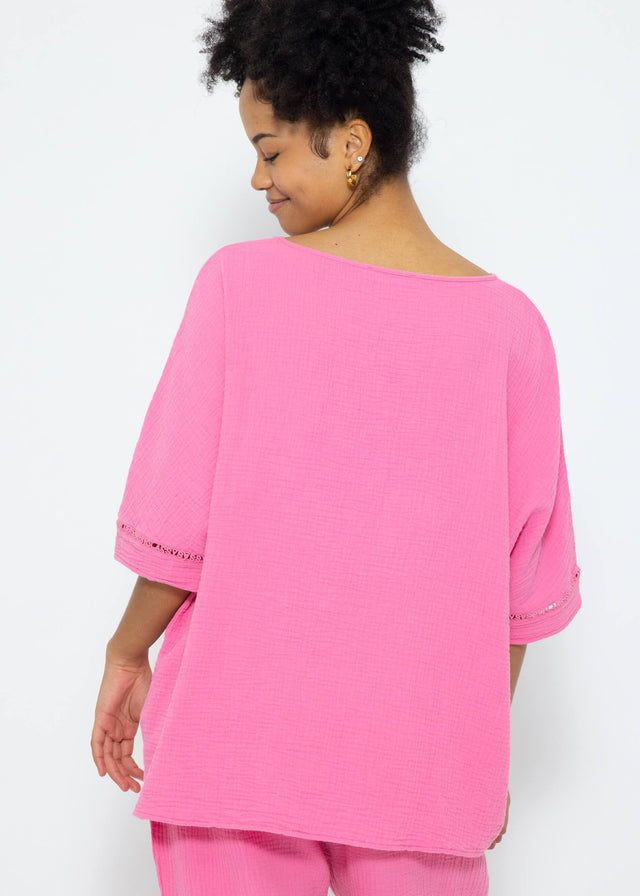 Musselin Pyjamashirt mit Spitzenborte - pink
