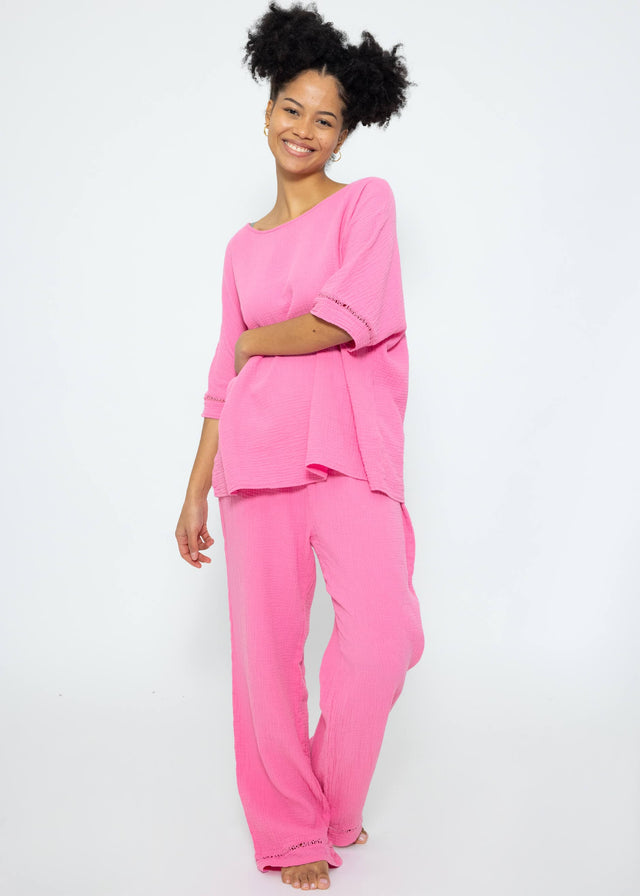 Musselin Pyjamashirt mit Spitzenborte - pink