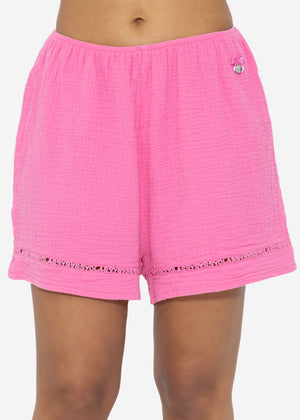 Muslin pajama shorts with lace trim - pink