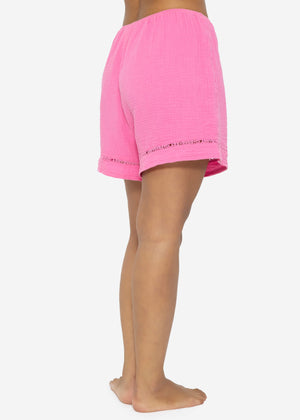 Muslin pajama shorts with lace trim - pink