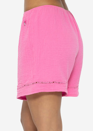Muslin pajama shorts with lace trim - pink