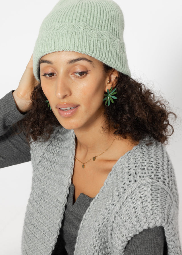 Beanie with openwork knit trim - green