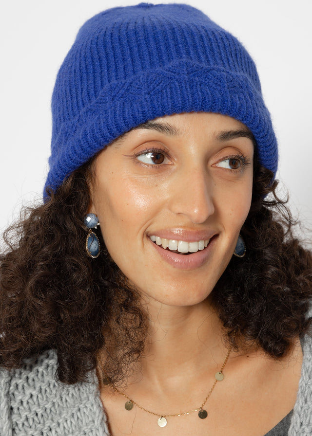 Beanie with openwork knit trim - royal blue