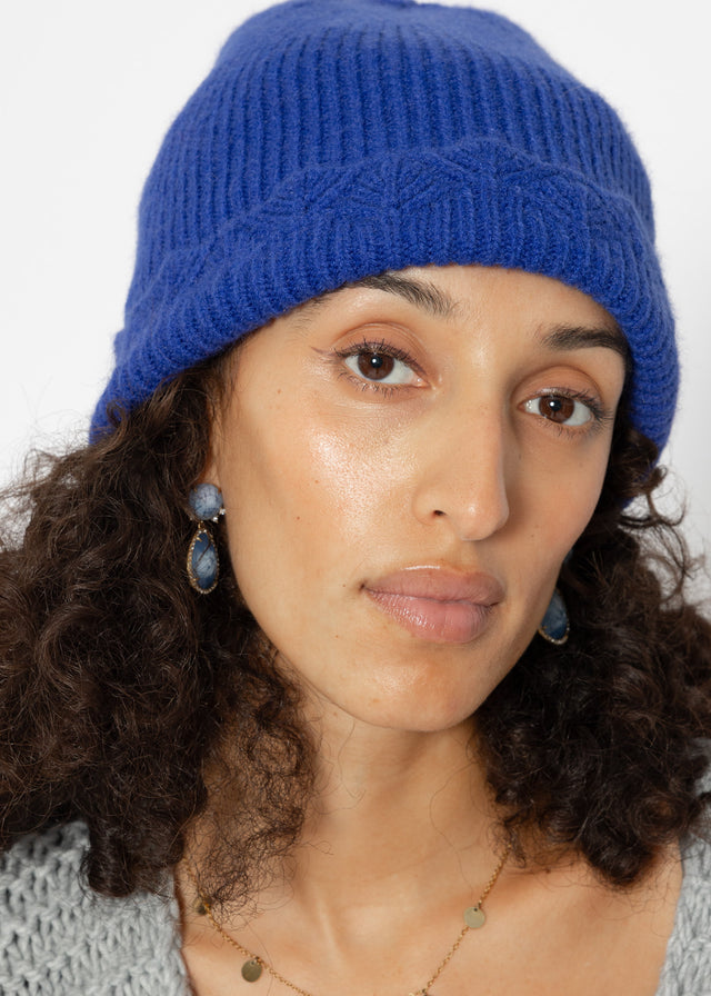 Beanie with openwork knit trim - royal blue