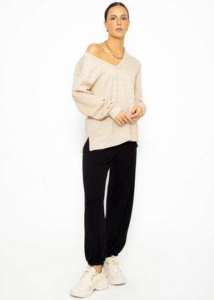 Oversize soft Sweater mit tiefem V-Ausschnitt - beige