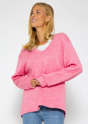 Oversize soft Sweater mit tiefem V-Ausschnitt - pink