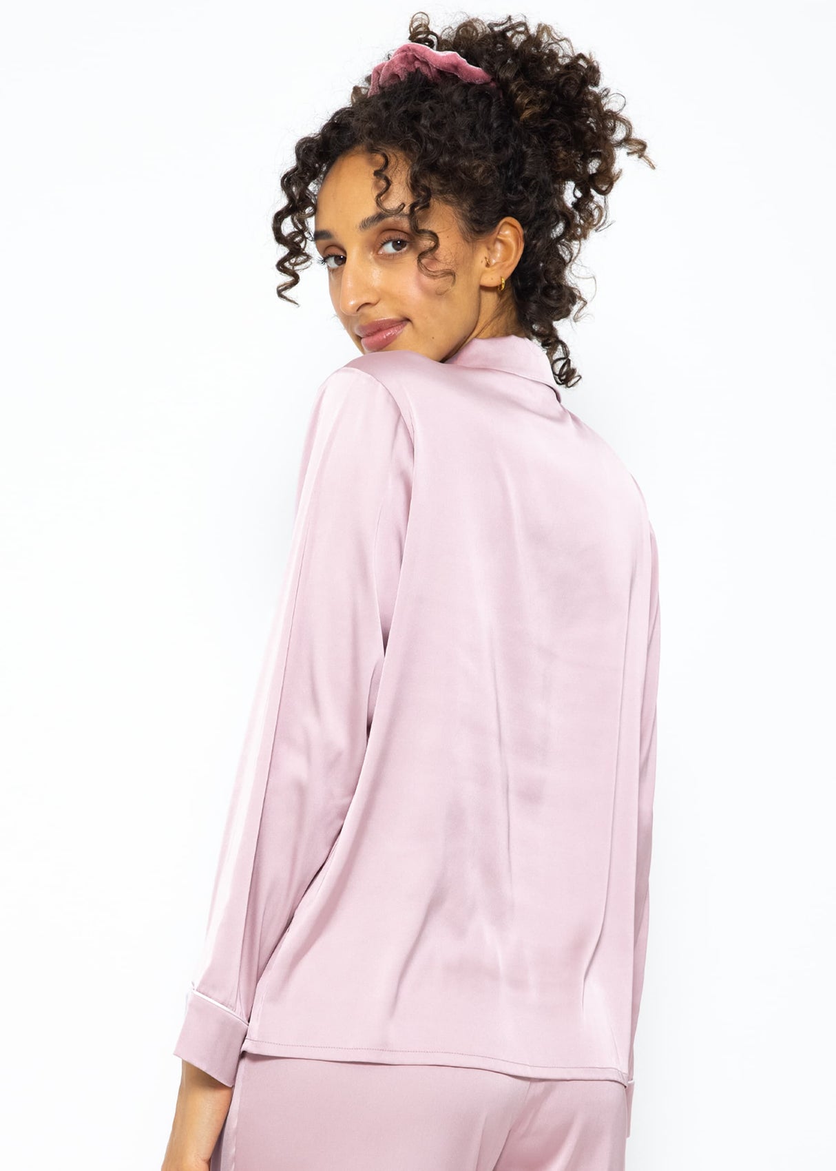 Satin Pyjama Bluse mit Paspel - rosa