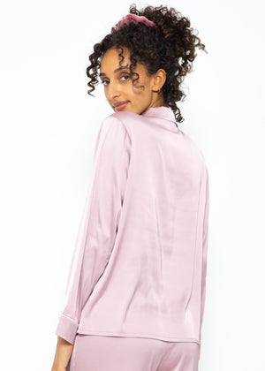 Satin Pyjama Bluse mit Paspel - rosa