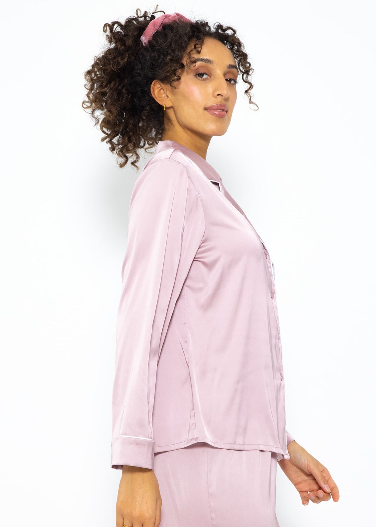 Satin Pyjama Bluse mit Paspel - rosa