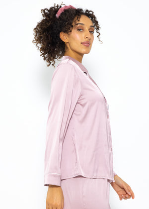 Satin Pyjama Bluse mit Paspel - rosa