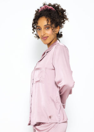 Satin Pyjama Bluse mit Paspel - rosa