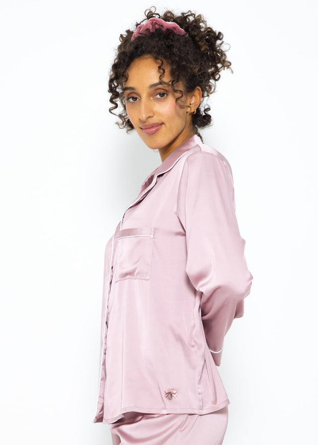 Satin Pyjama Bluse mit Paspel - rosa