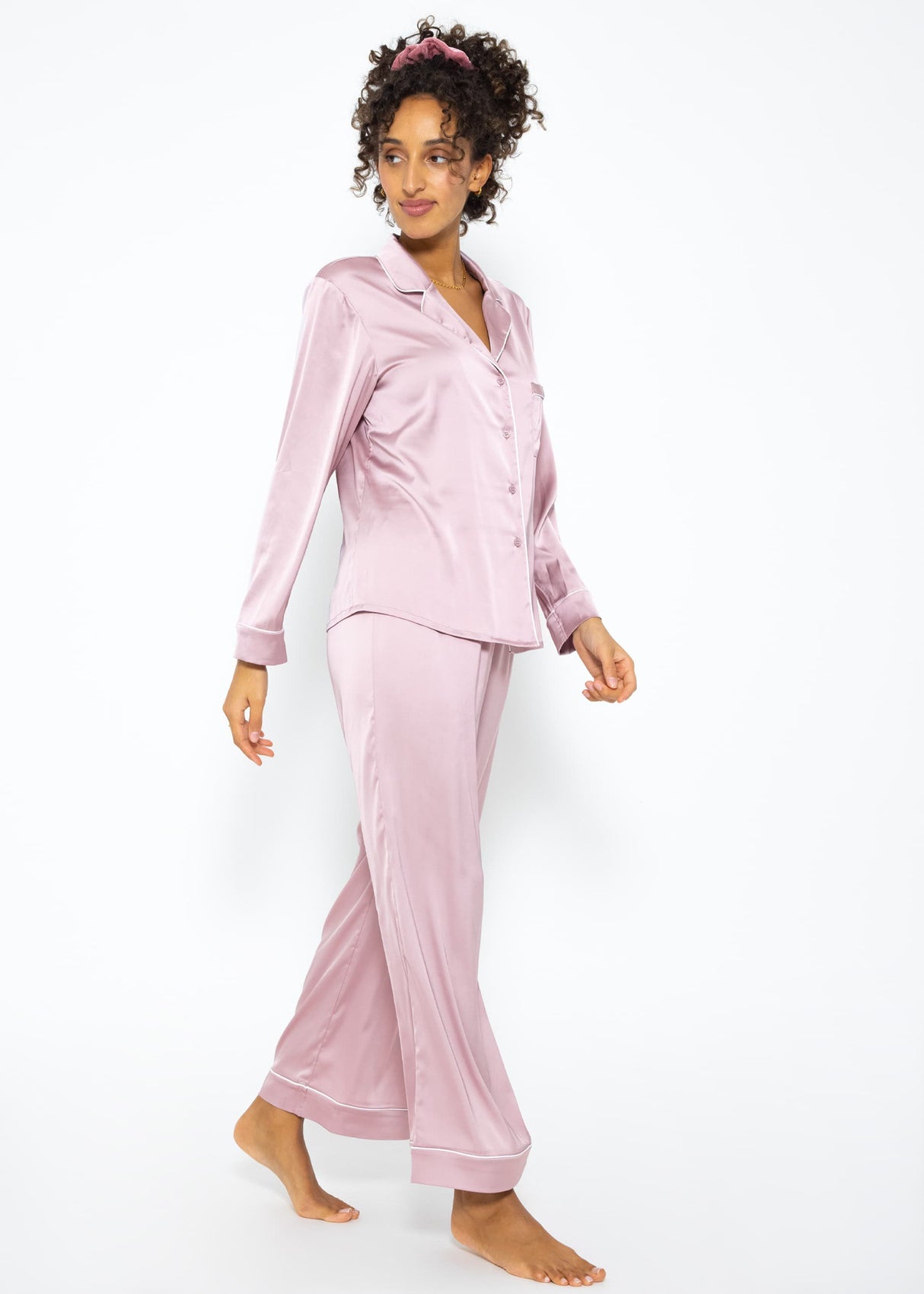 Satin Pyjama Bluse mit Paspel - rosa
