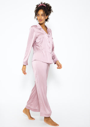 Satin Pyjama Bluse mit Paspel - rosa