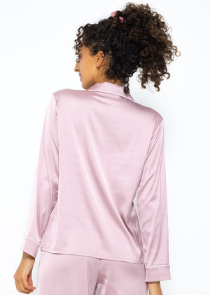 Satin Pyjama Bluse mit Paspel - rosa