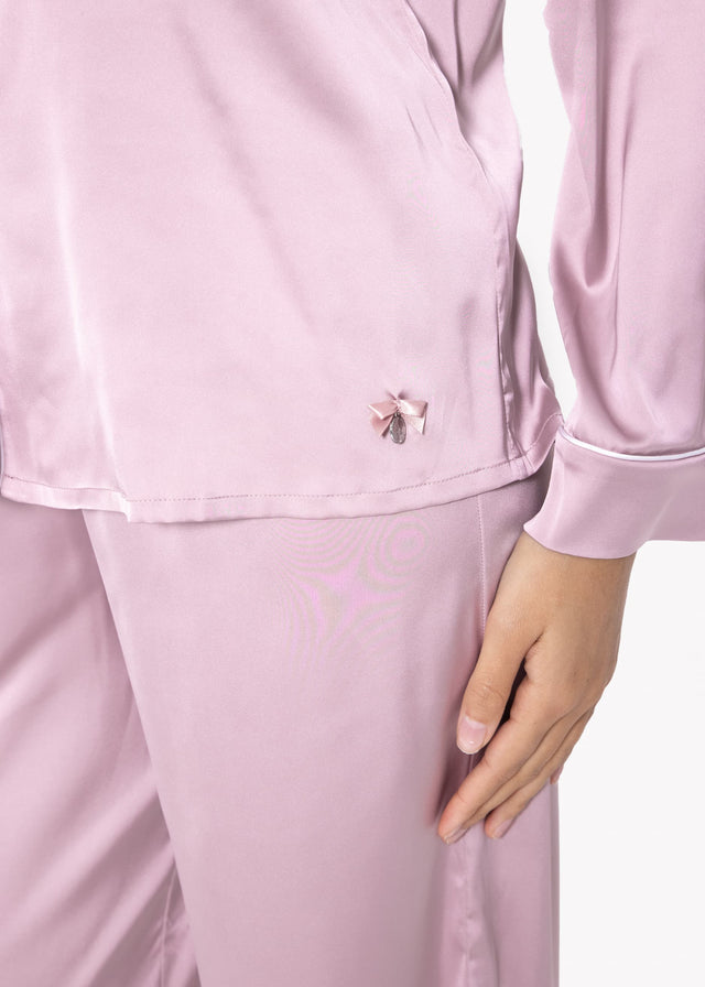 Satin Pyjama Bluse mit Paspel - rosa