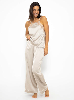 Satin Pyjama Bluse mit Paspel - champagner