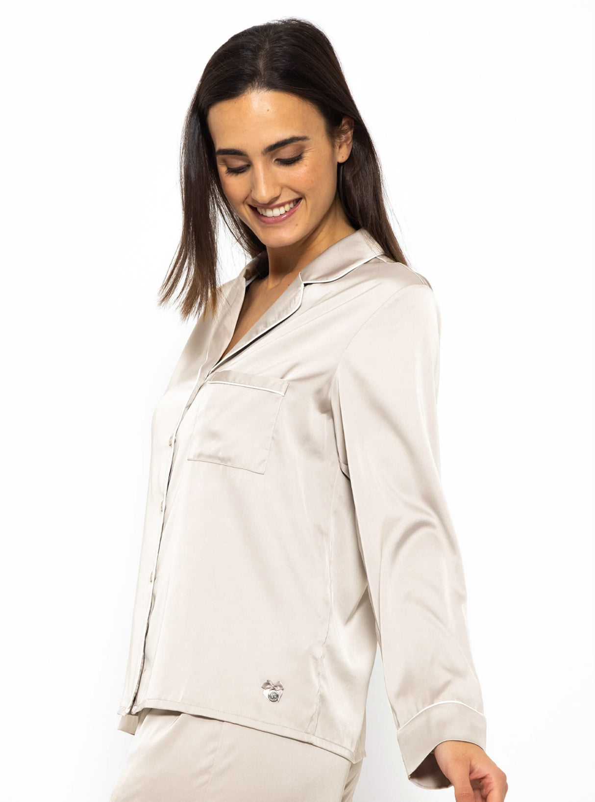 Satin Pyjama Bluse mit Paspel - champagner