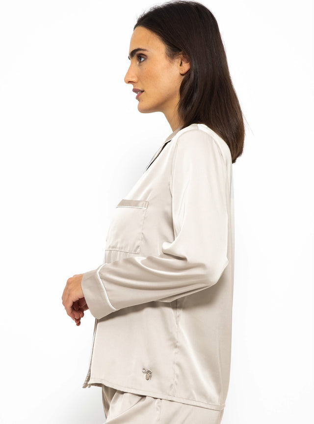 Satin Pyjama Bluse mit Paspel - champagner