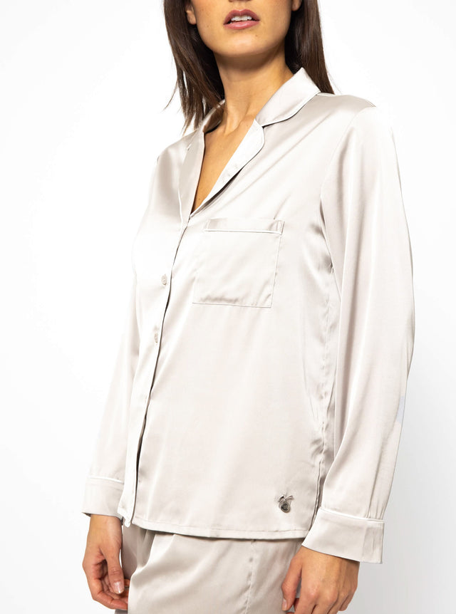 Satin Pyjama Bluse mit Paspel - champagner