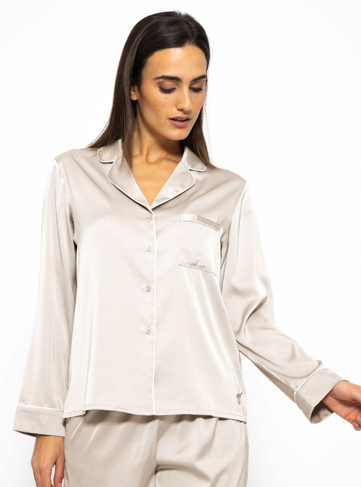 Satin Pyjama Bluse mit Paspel - champagner
