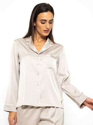 Satin Pyjama Bluse mit Paspel - champagner