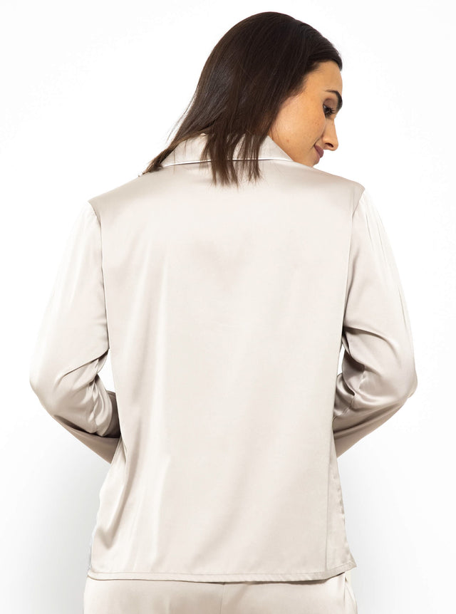 Satin Pyjama Bluse mit Paspel - champagner