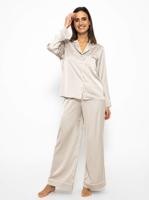 Satin Pyjama Bluse mit Paspel - champagner