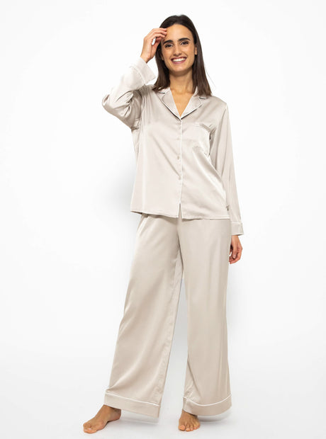 Satin Pyjama Bluse mit Paspel - champagner