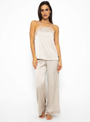Satin Pyjama Top mit Spitze - champagner